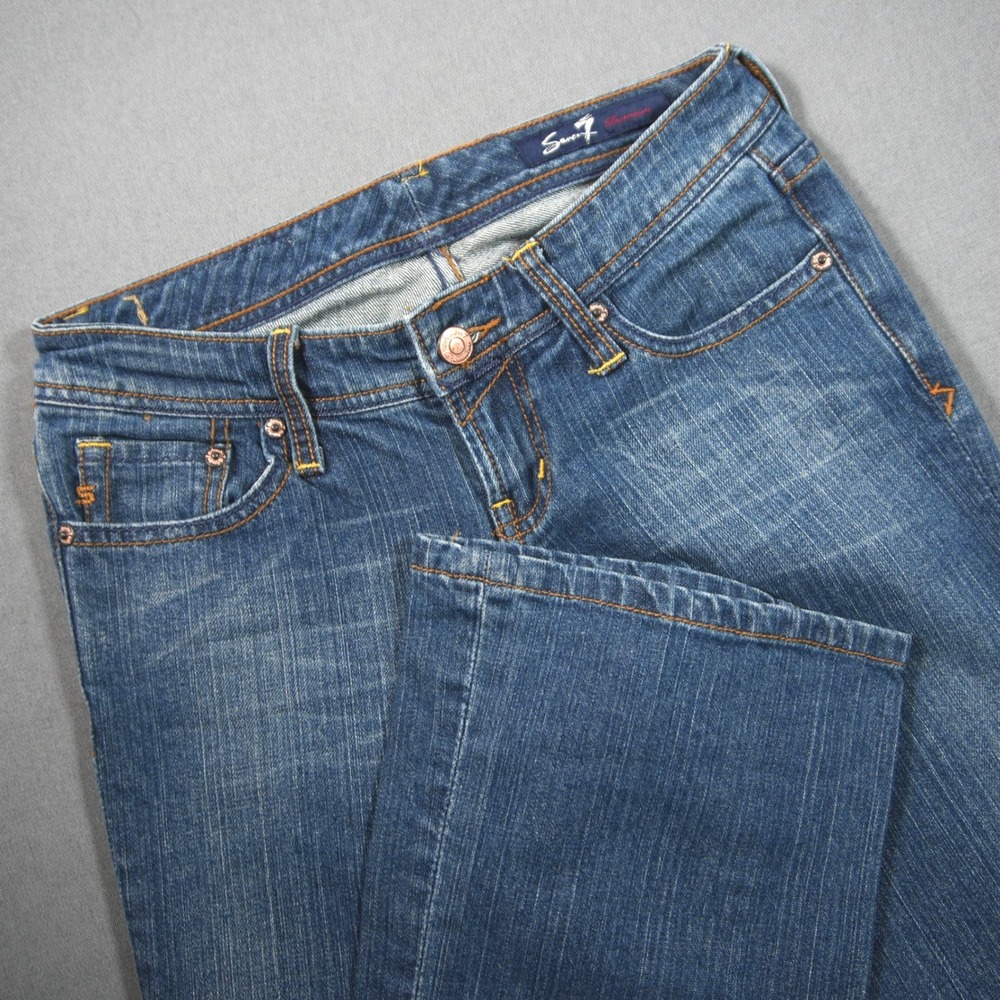Y2K VTG Seven7 Flare Low Rise Boot Cut Stretch Women Jeans 26x33 Fade Dark Wash